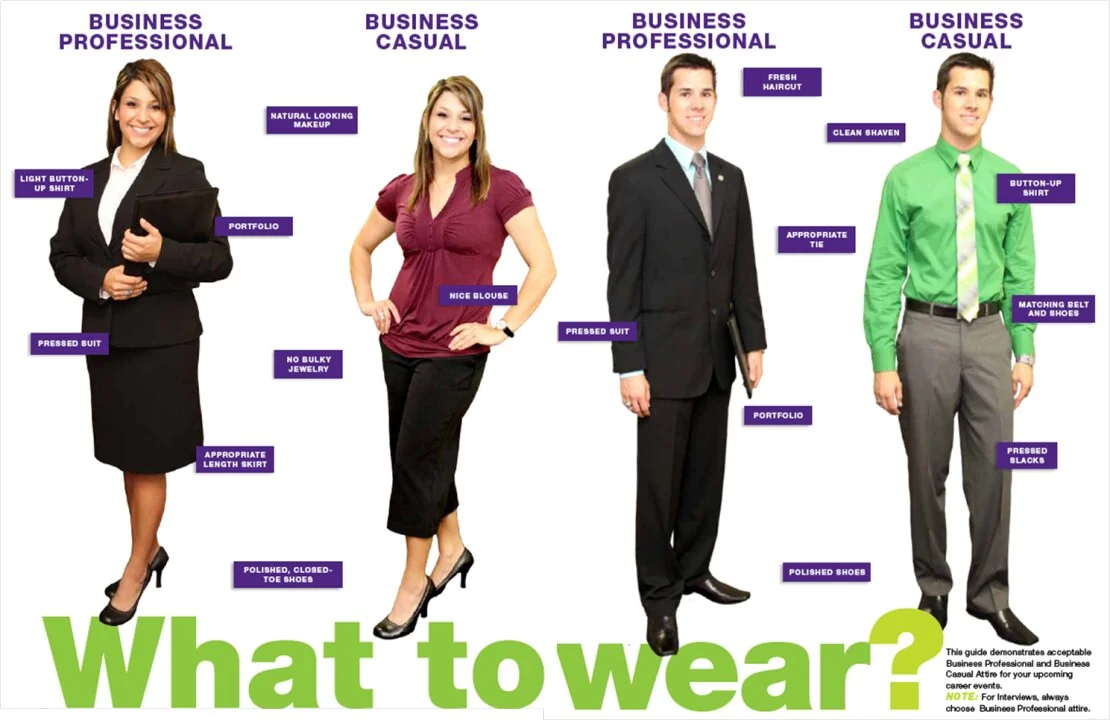 A visual guide to business professional vs. business casual dress codes for interviews.