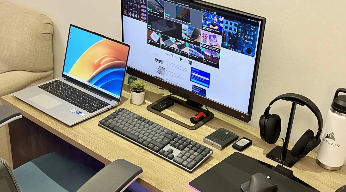 Professional working in a hybrid office environment